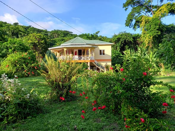 Home framed by tropical gardens and hibiscus