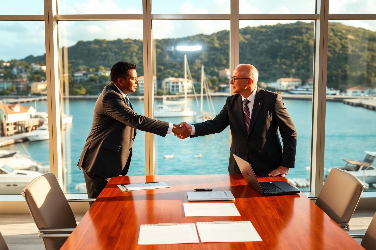 Commercial brokerage meeting with St. George's Grenada harbor in the background