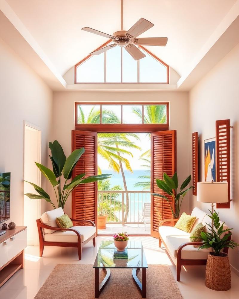Bright Caribbean apartment interior with wooden shutters and ocean view