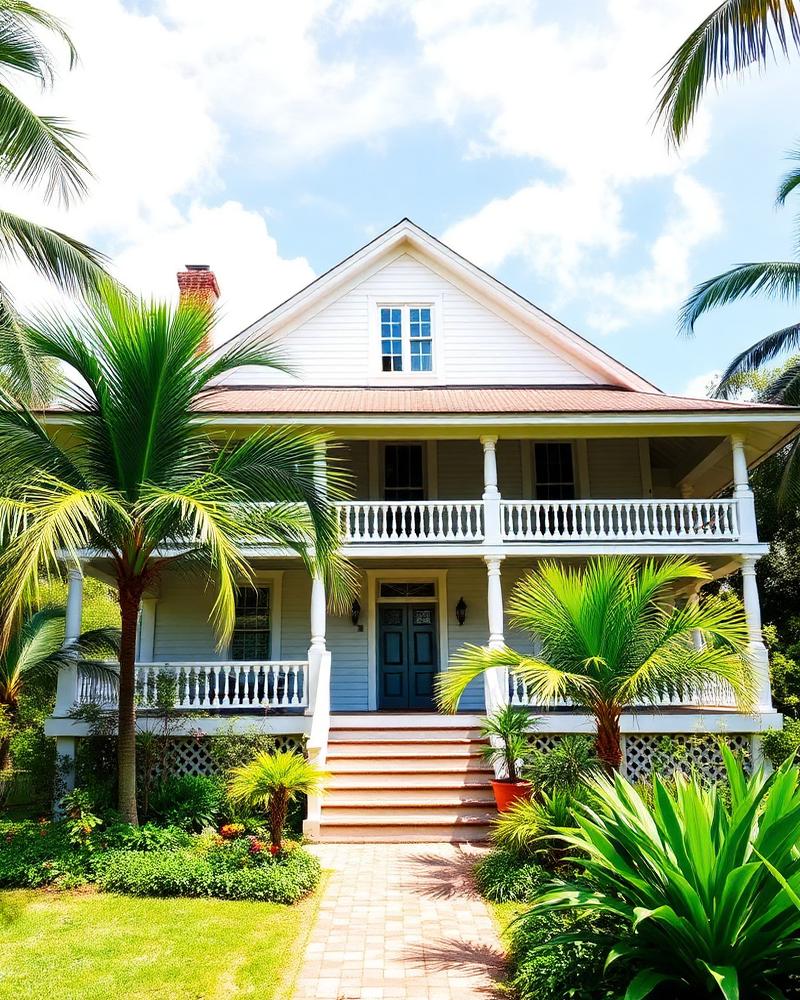 Traditional Caribbean colonial home with wraparound veranda