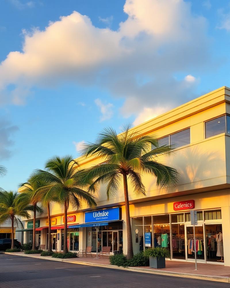 Retail commercial plaza with palm trees in Grand Anse, Grenada
