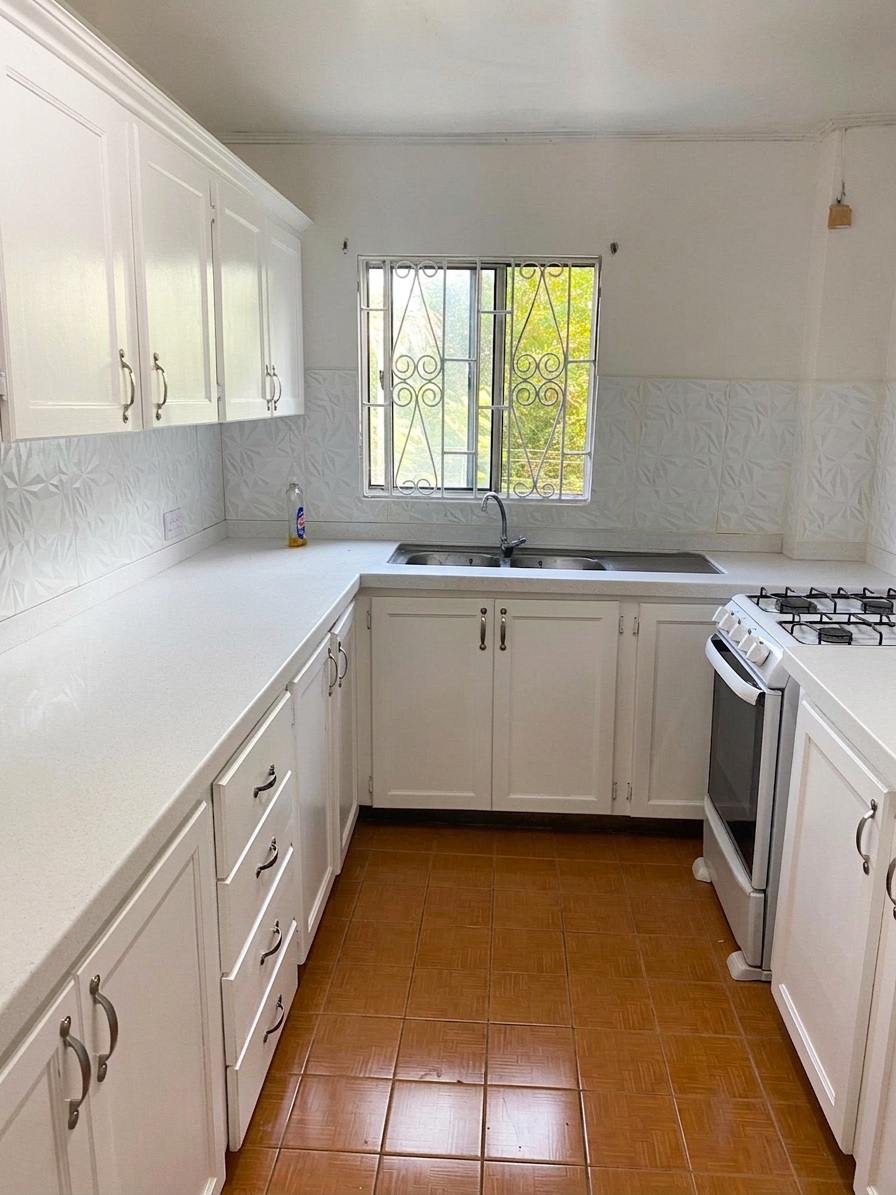 Bright modern kitchen with white cabinetry, gas range and double sink