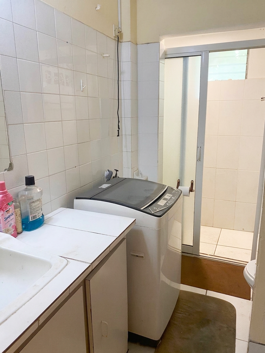 Utility area with washing machine adjoining the bathroom
